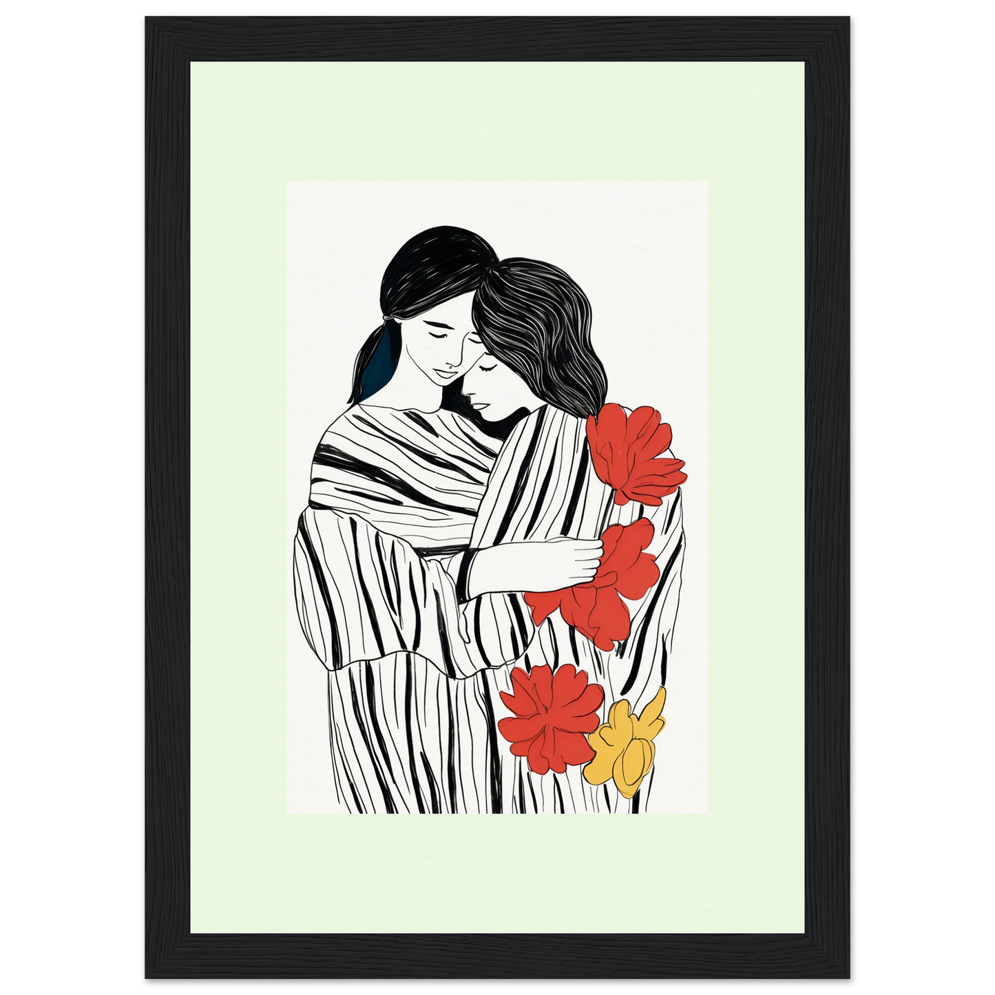 Framed illustration of two embracing figures with red and yellow flowers.