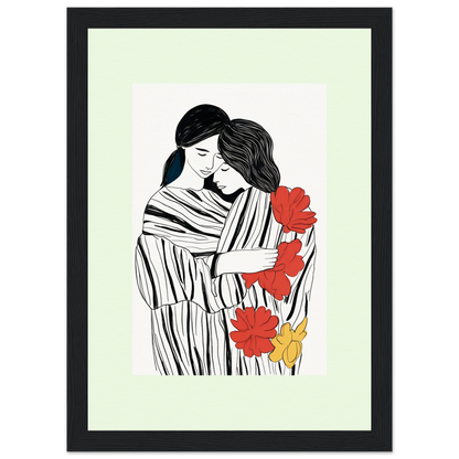 Framed illustration of two embracing figures with red and yellow flowers.