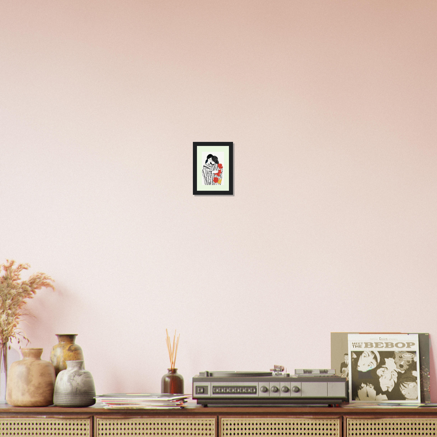 Wooden console table with various decorative objects and a vintage stereo system.