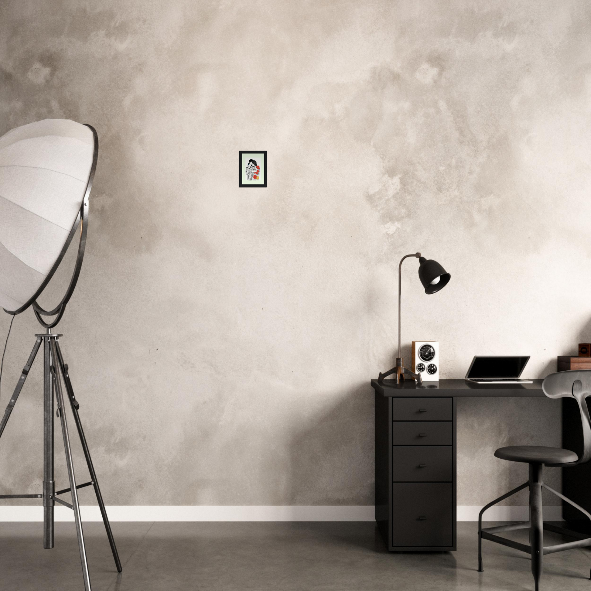 Minimalist home office workspace with a desk, chair, and lamp.