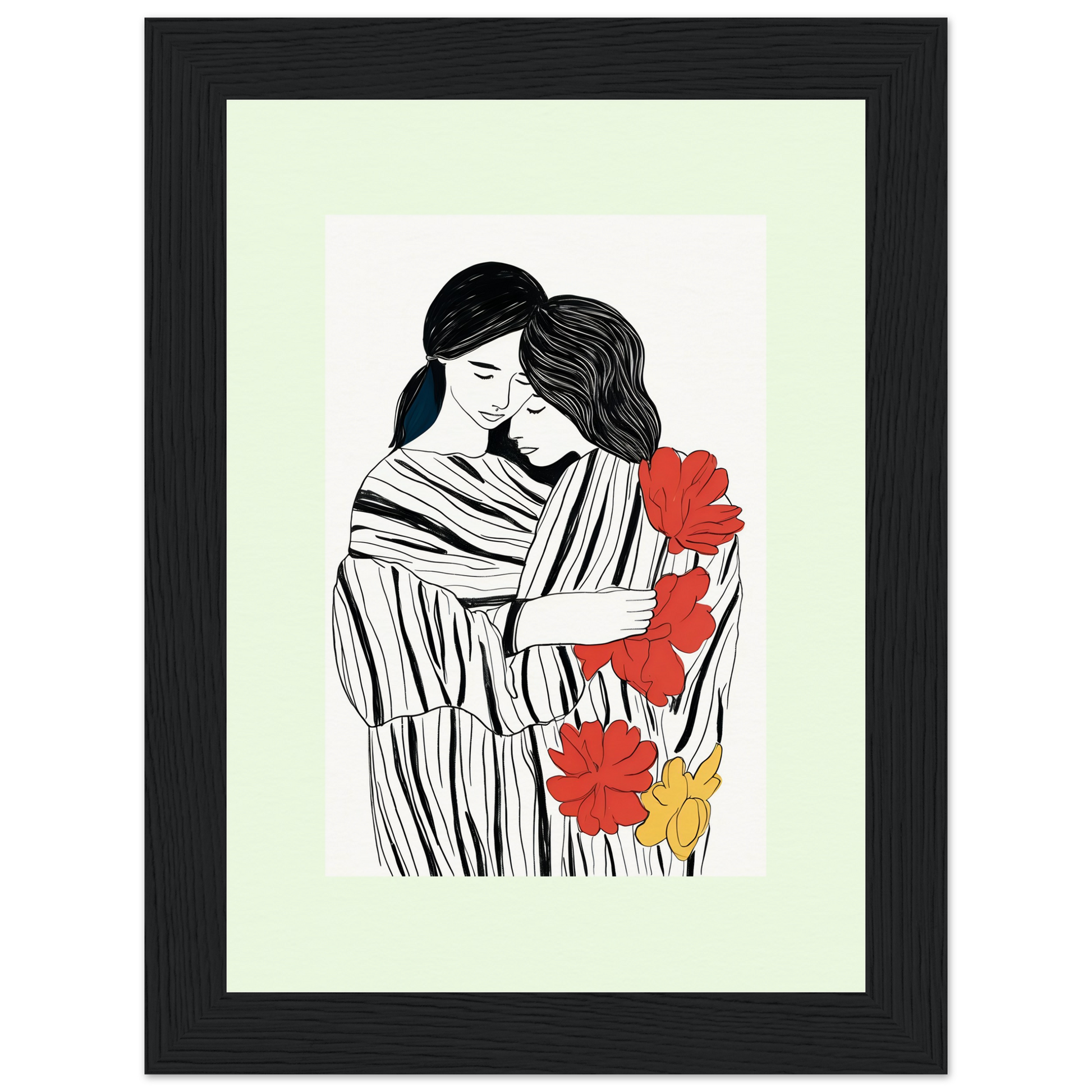 Framed illustration of two embracing figures with red and yellow flowers.