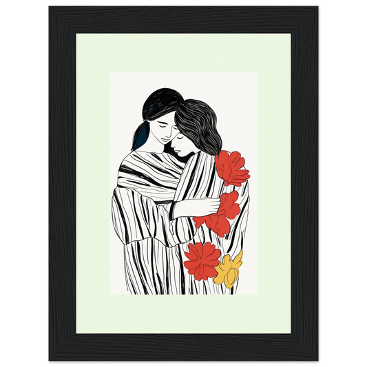 Framed illustration of two embracing figures with red and yellow flowers.