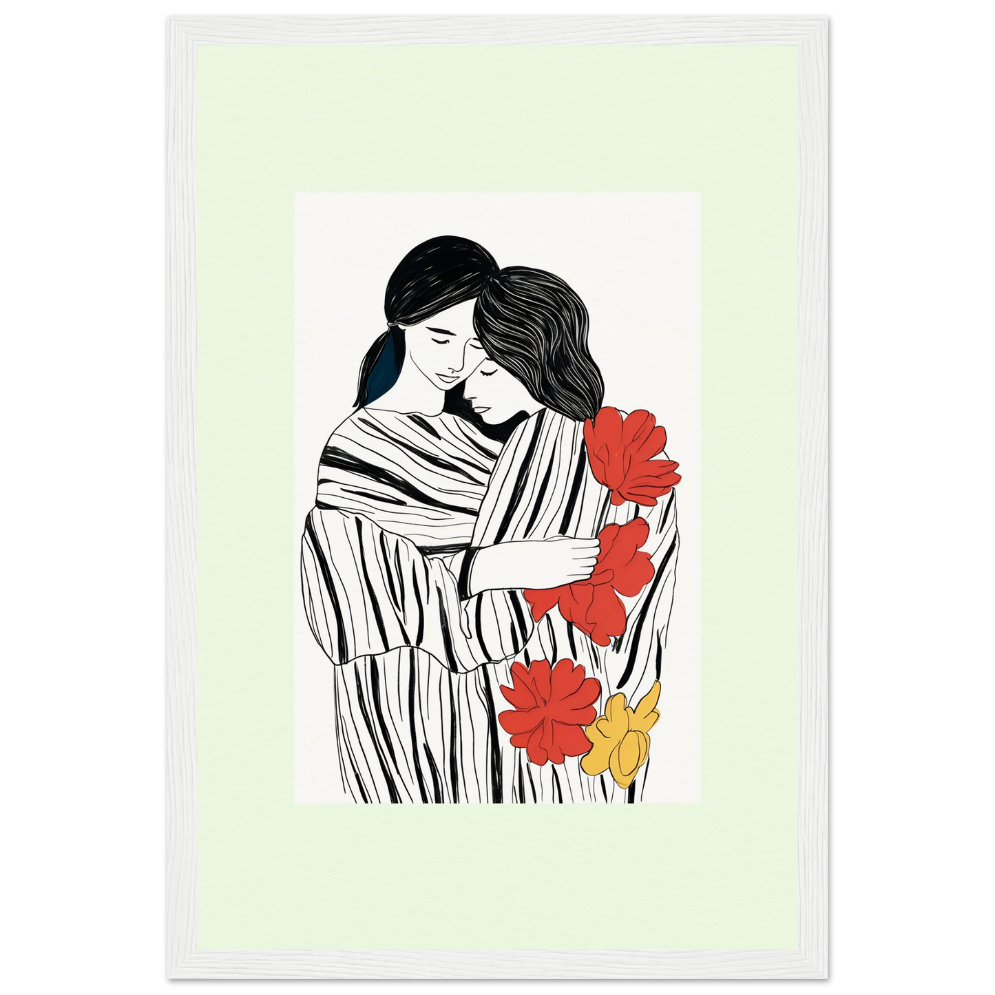 Line drawing of two embracing figures with red and yellow flowers, framed by a pale green border.