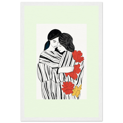 Line drawing of two embracing figures with red and yellow flowers, framed by a pale green border.