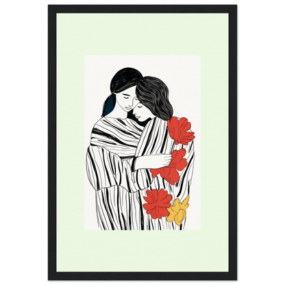 Illustration of two embracing figures with red and yellow flowers, framed in black.