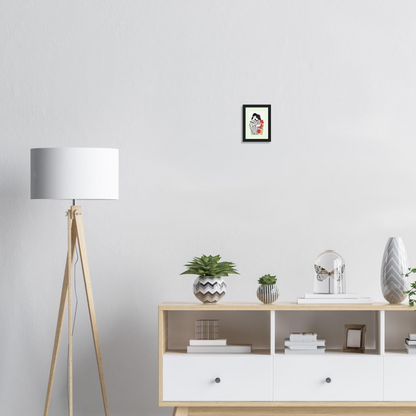 Modern wooden sideboard with white drawers and open shelving.