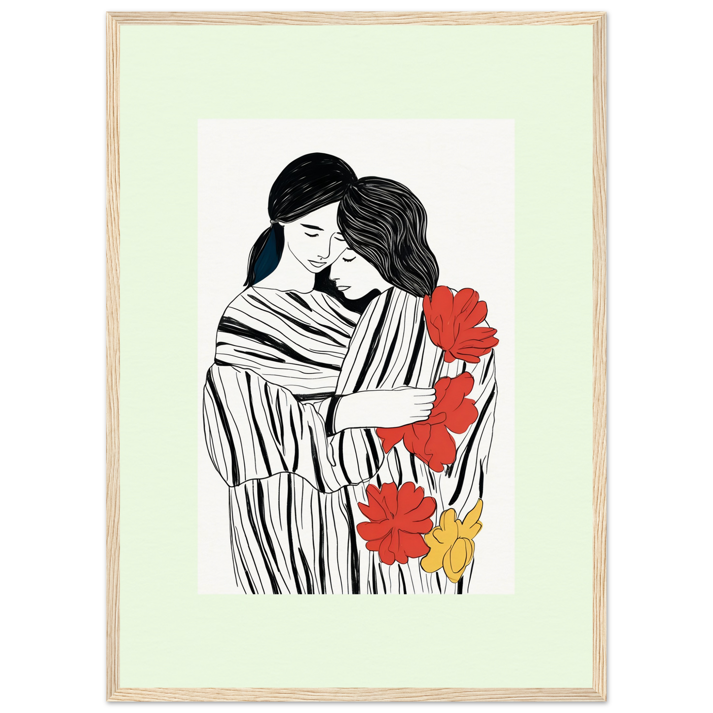 Illustration of two embracing figures with striped clothing and red and yellow flowers.