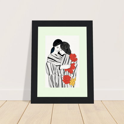 Framed artwork depicting an embracing couple with red flowers.