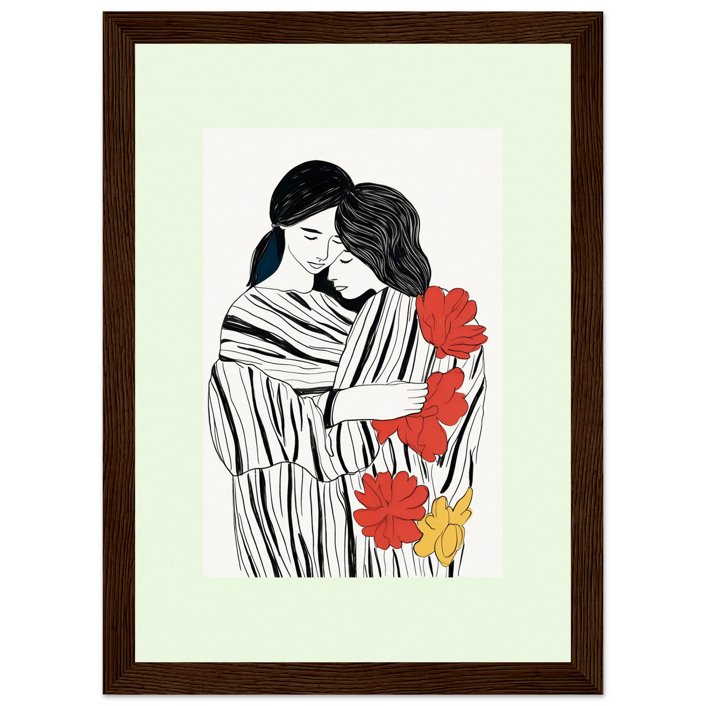 Framed artwork depicting two embracing figures surrounded by stylized red and yellow flowers.