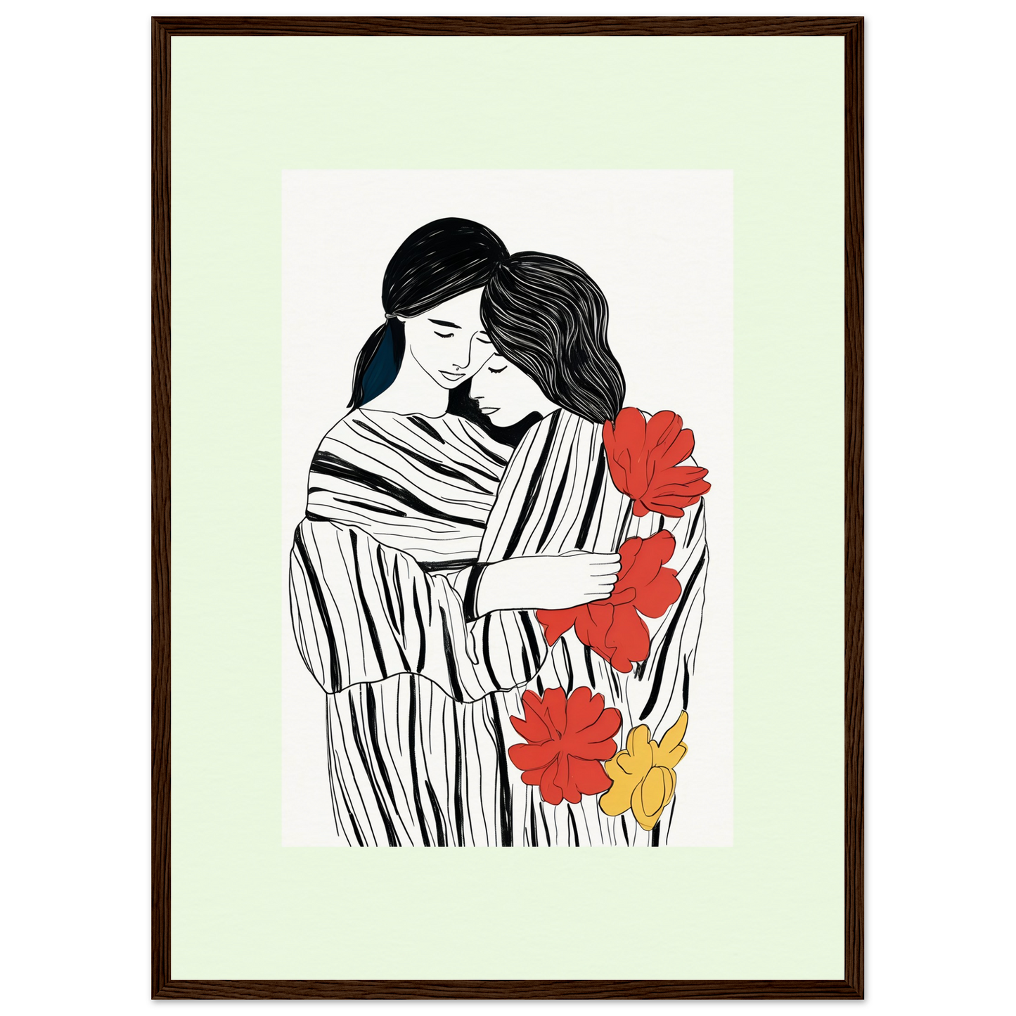 Illustration of two embracing figures with striped clothing and colorful flowers.