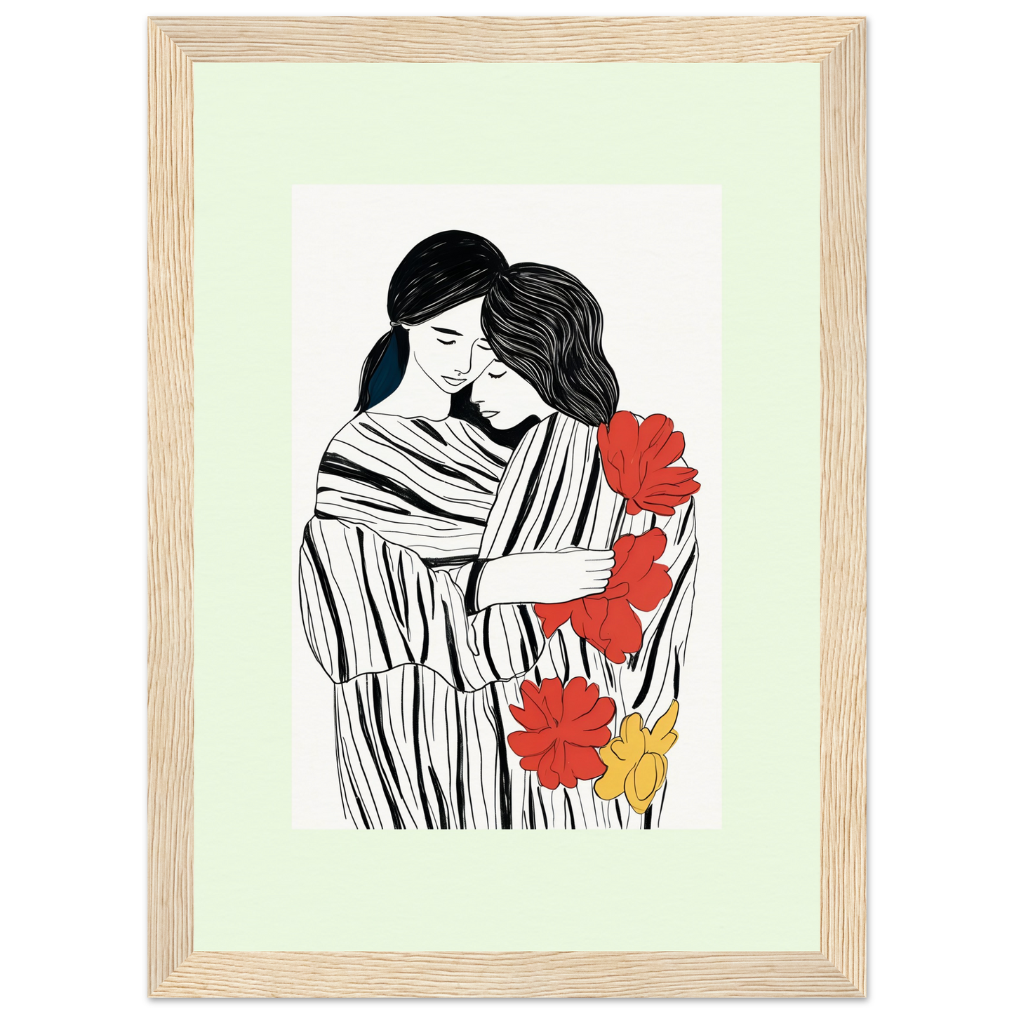 Framed illustration of two embracing figures with red and yellow flowers.