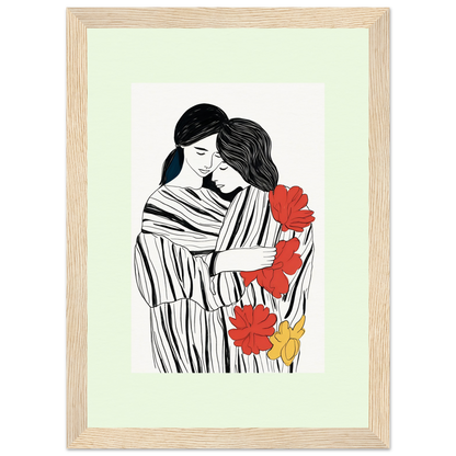 Framed illustration of two embracing figures with red and yellow flowers.