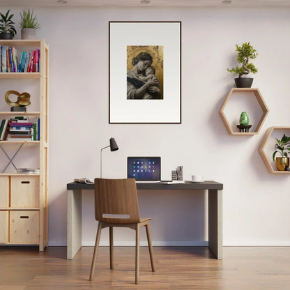 Home office workspace featuring Delta Redux decor, desk, chair, and framed wall art