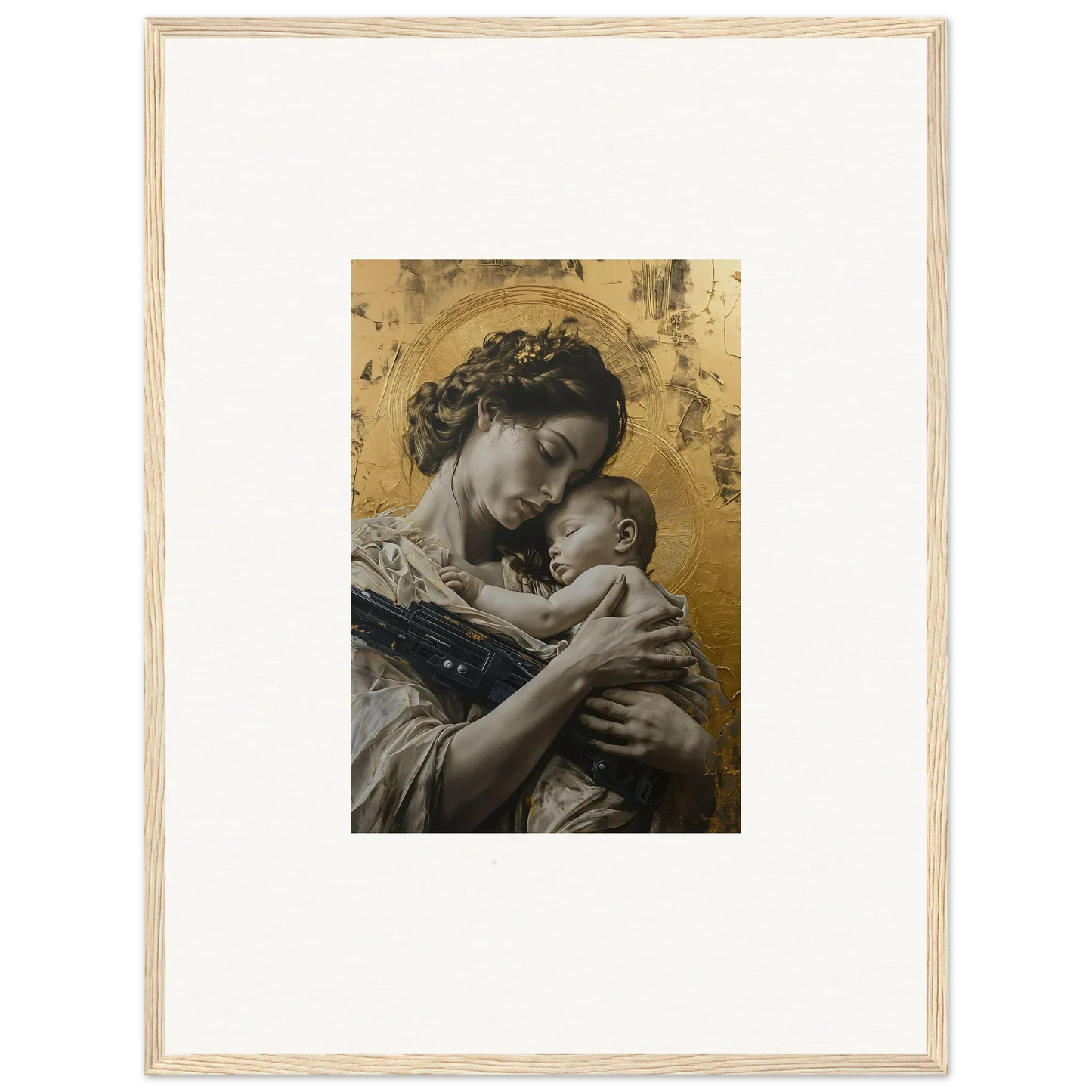 Framed wall art of a woman and baby in golden background, perfect for Delta Redux room decor