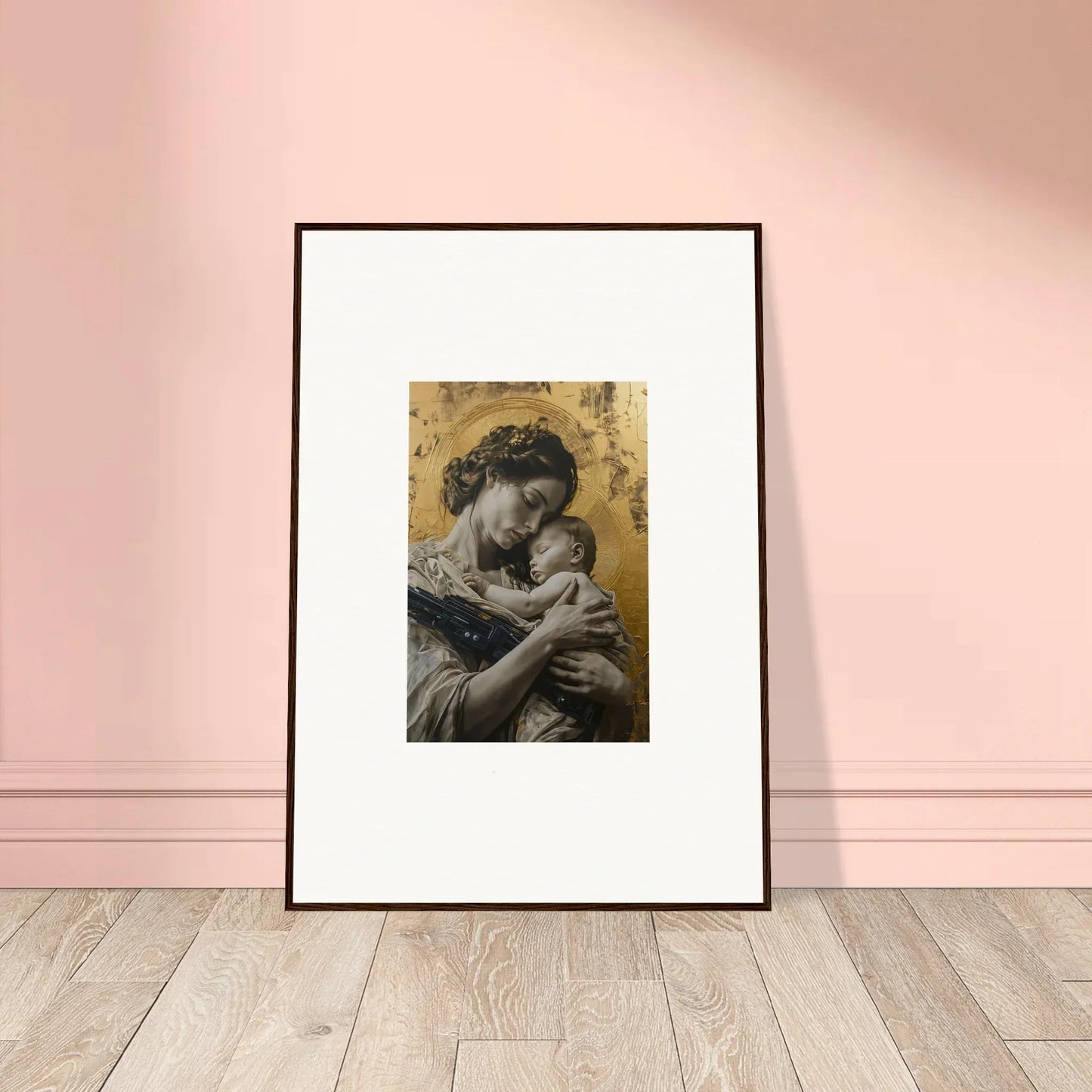 Framed wall art of a tender embrace between a woman and infant for Delta Redux room decor