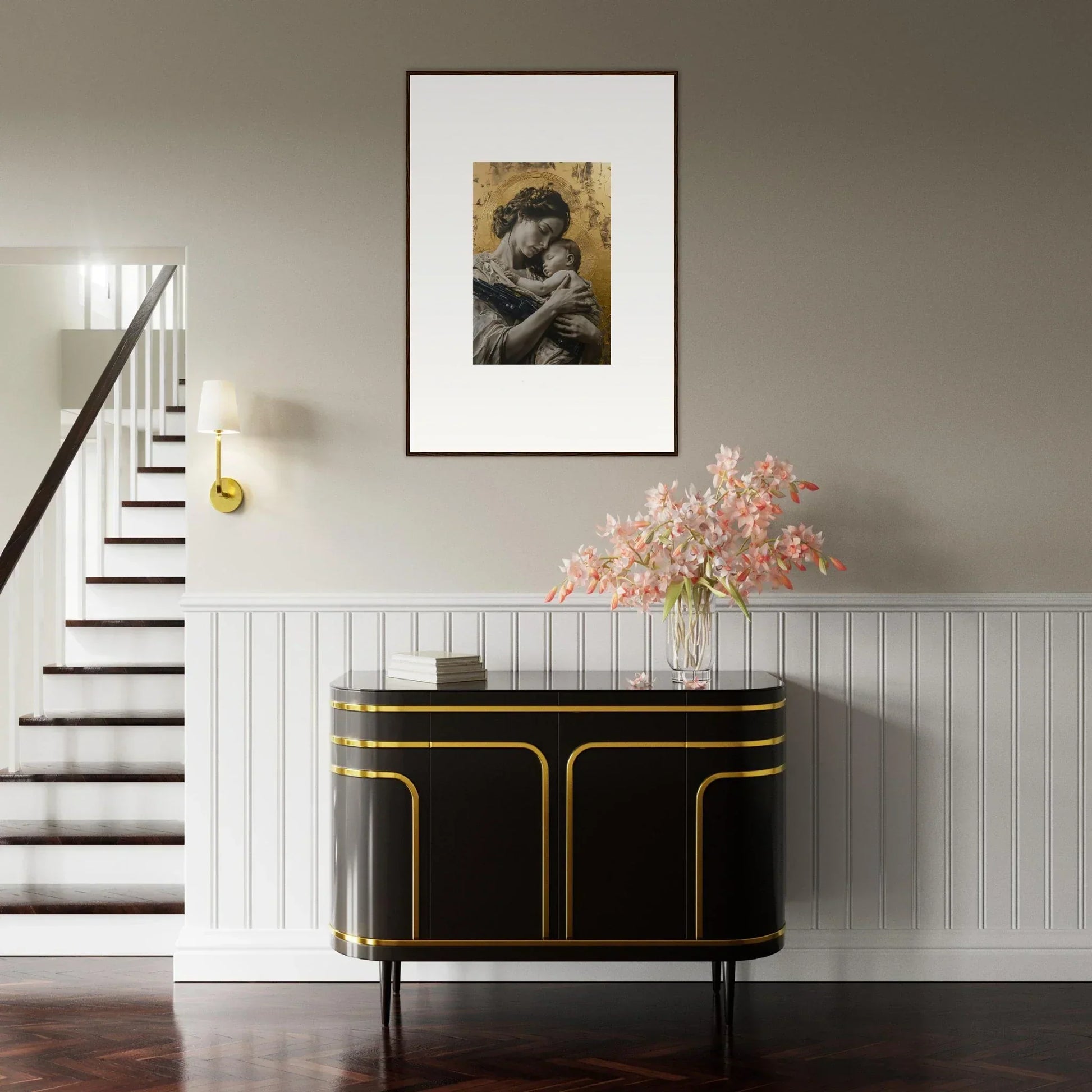 Framed wall art of two figures embracing above a black and gold sideboard in Delta Redux