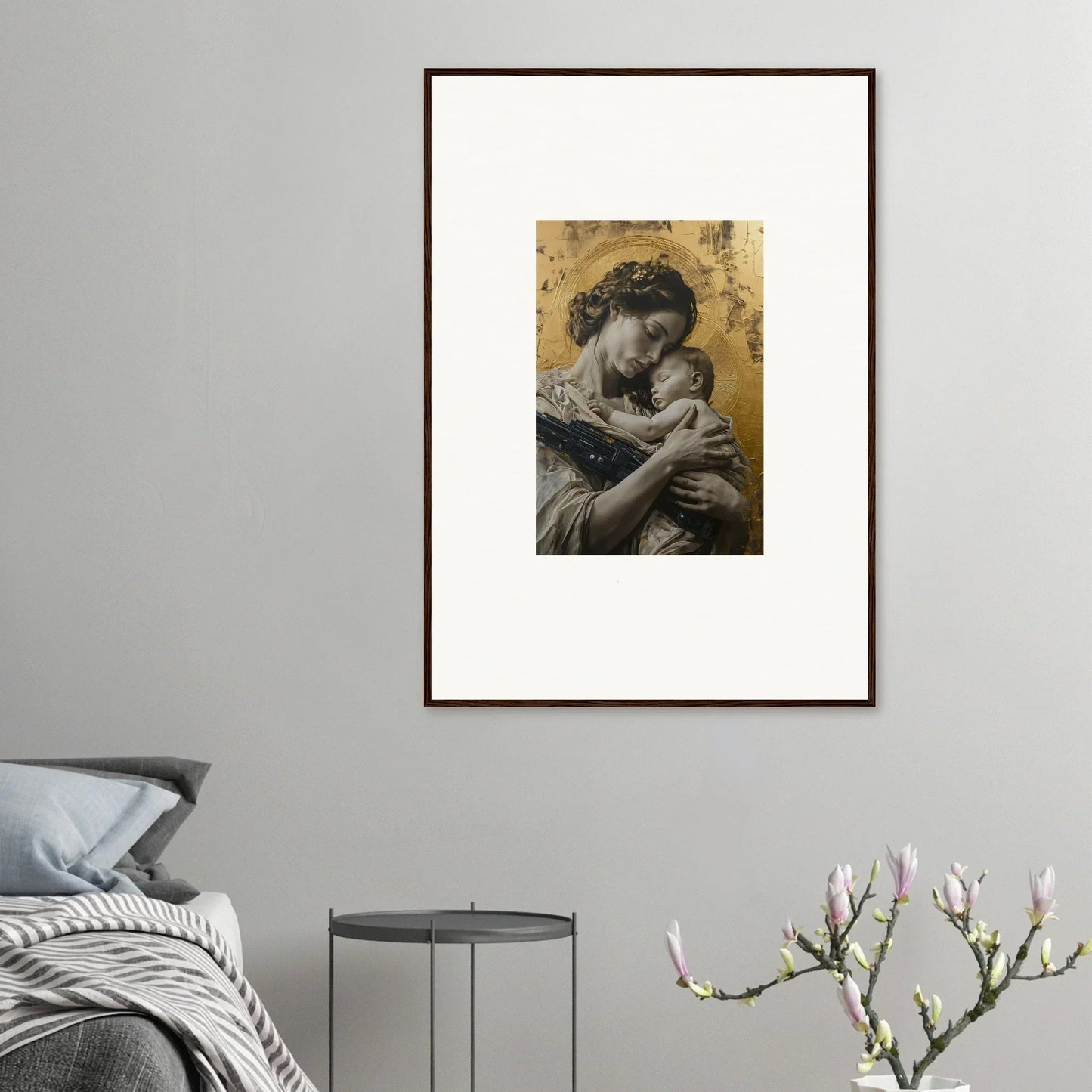 Framed wall art of a mother holding a baby, perfect for Delta Redux room decor