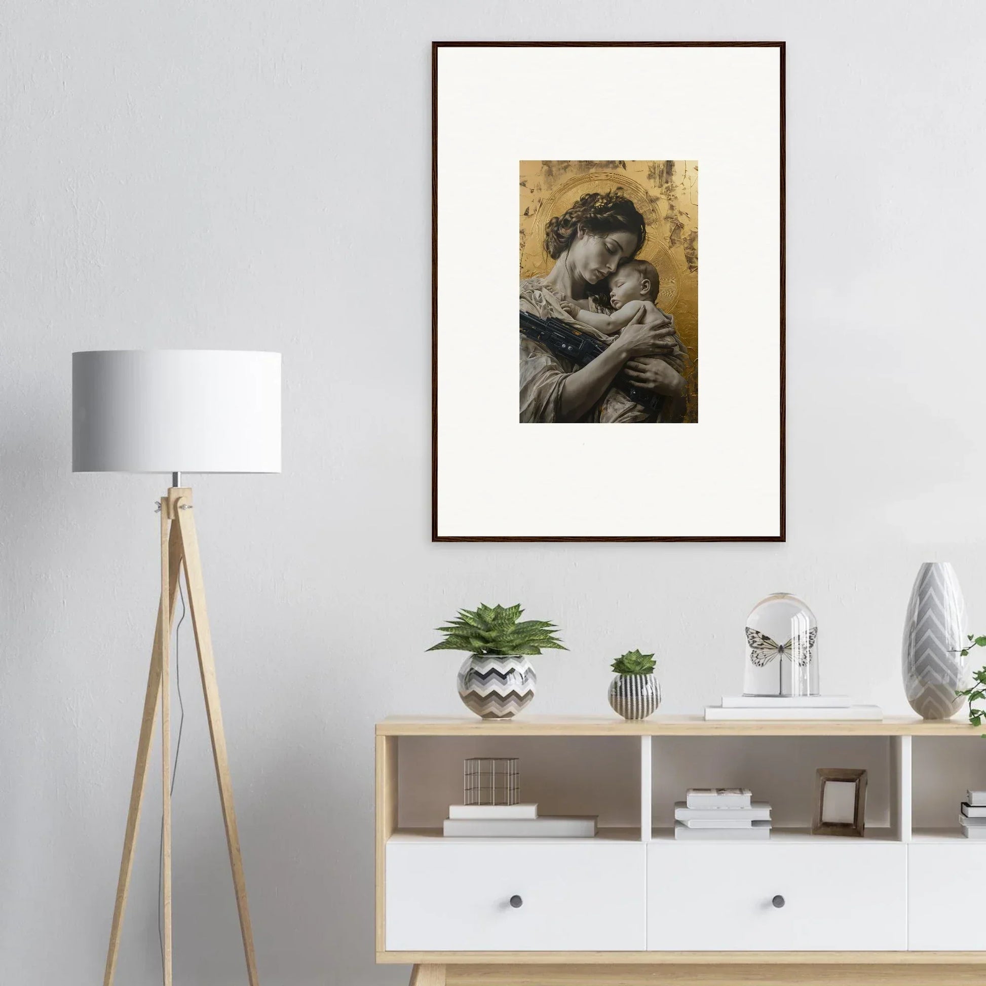 Framed wall art of a tender embrace on a golden background, Delta Redux decor