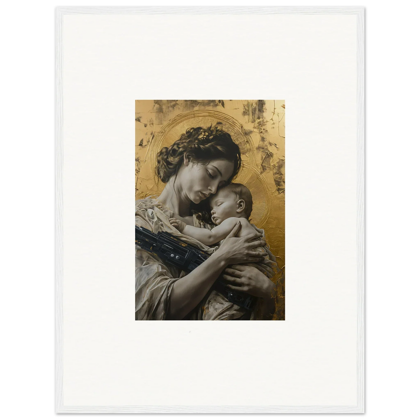 Painting of a woman with baby, golden background framed wall art for Delta Redux room decor