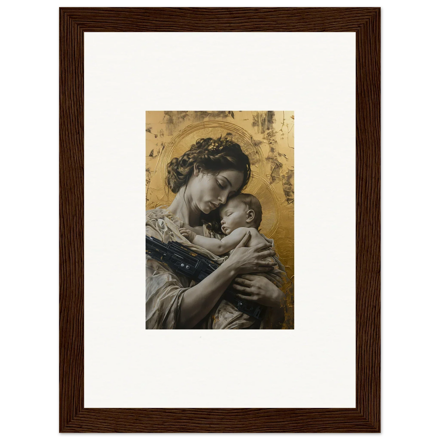 Framed wall art of a woman and infant on a golden background for Seraphic Delta Redux