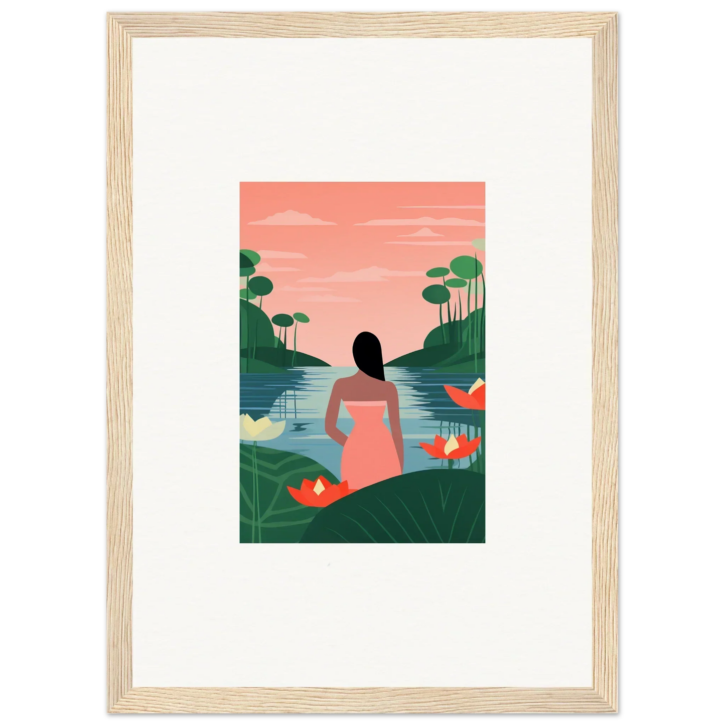 Framed tranquility canvas print of a person in a pink dress by a serene lake at sunset