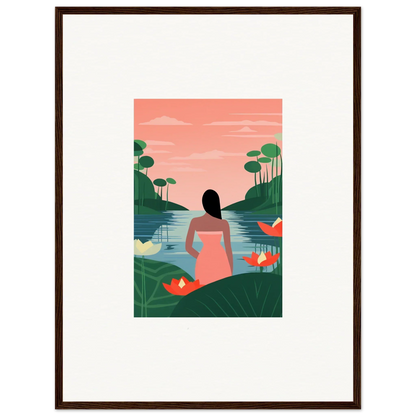 Framed Serein Tranquility Canvas print of a woman in a pink dress, perfect for room decoration