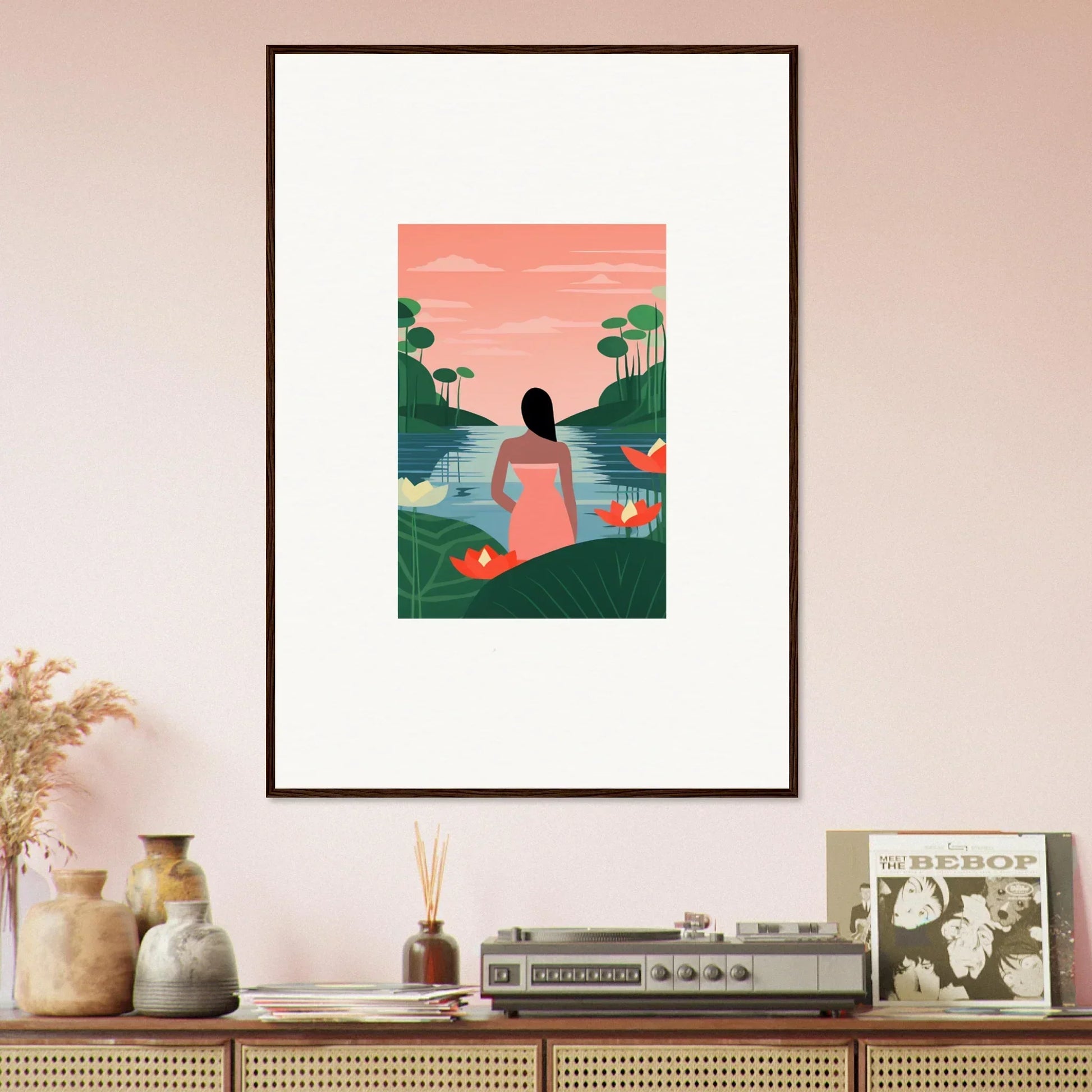 Framed tranquility canvas of a person by a serene lake, perfect for room decoration