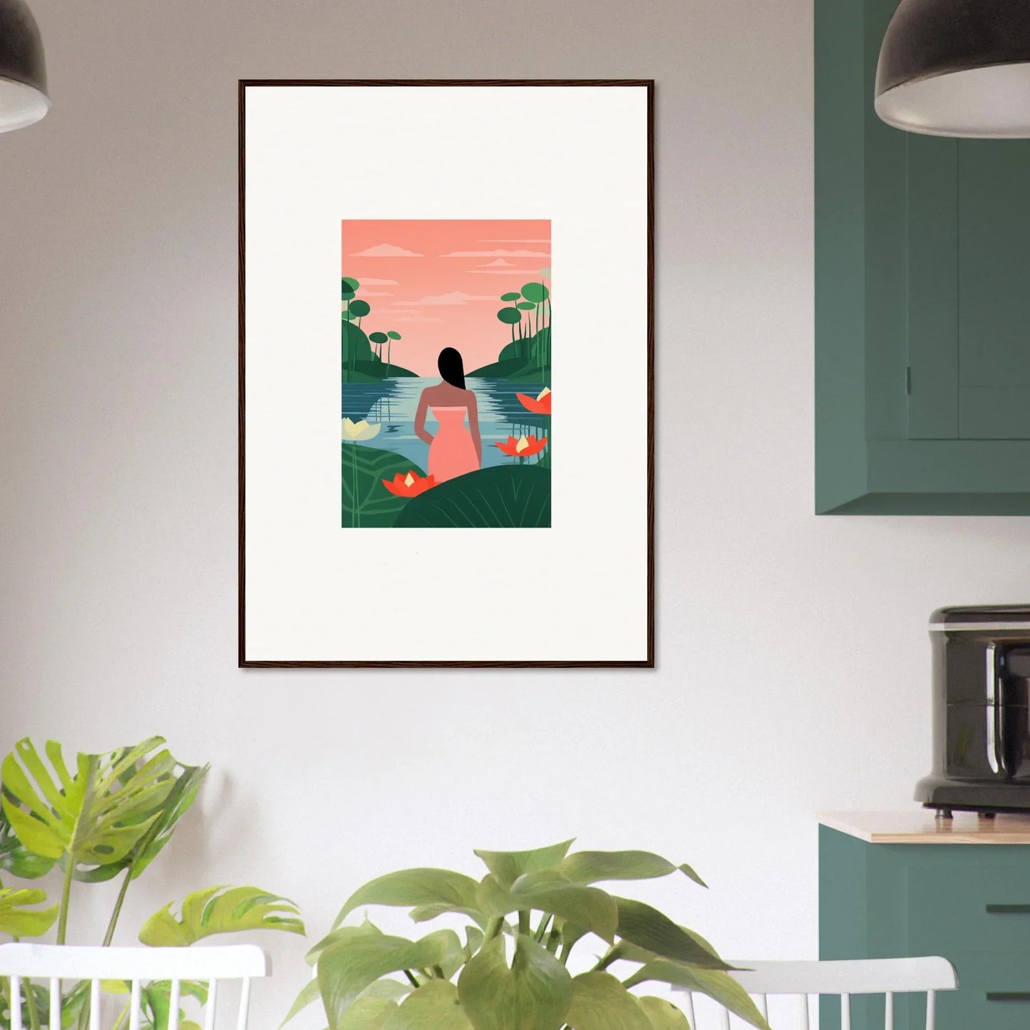 Framed Tranquility Canvas of a person by a lake at sunset, perfect for room decoration