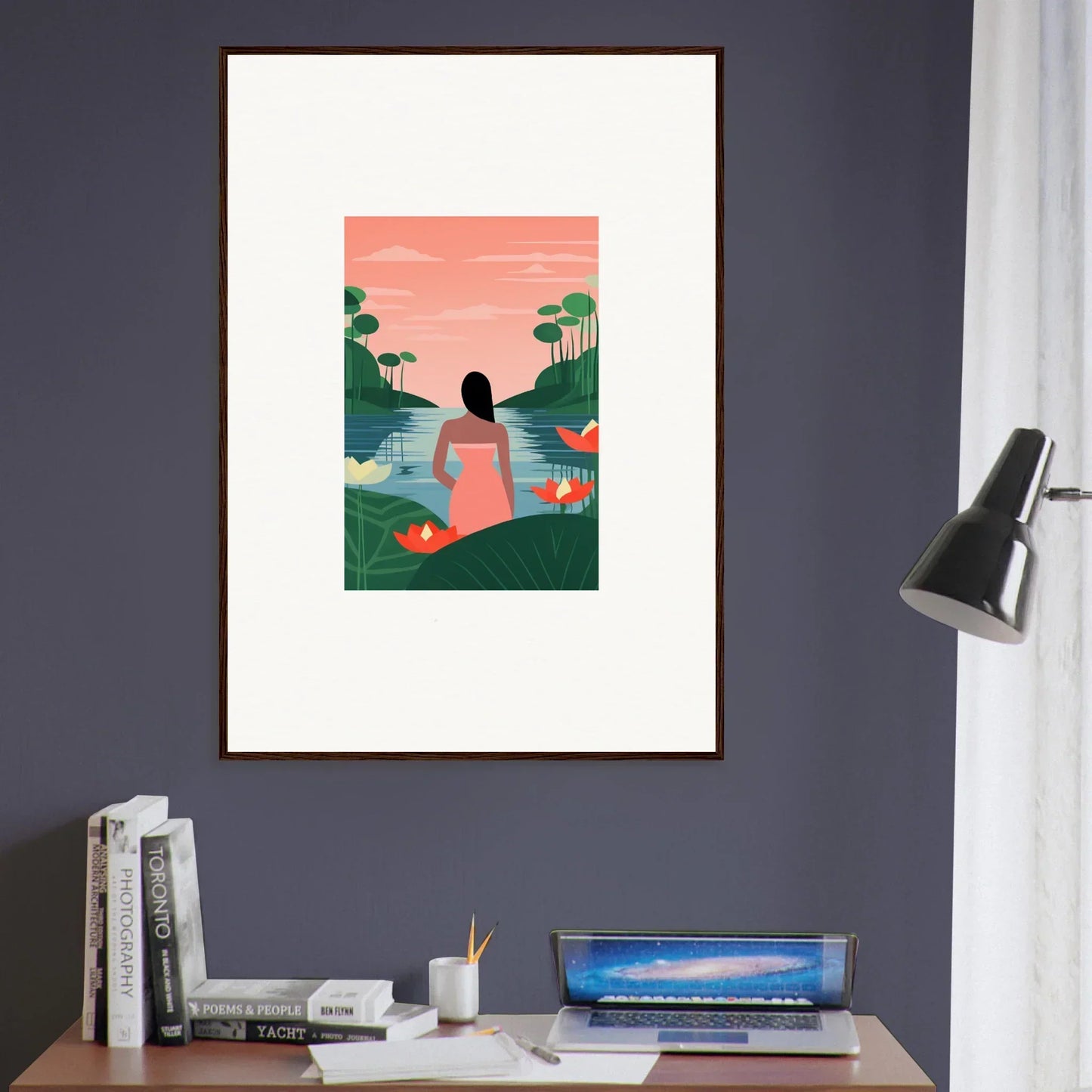 Framed tranquility canvas of a person by a lake with flamingos at sunset for room decoration