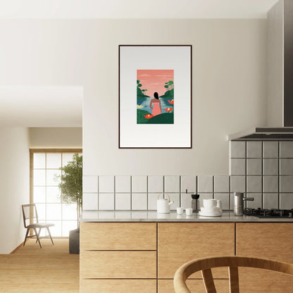 Framed Serein Tranquility Canvas for serene room decoration with a figure and mountains