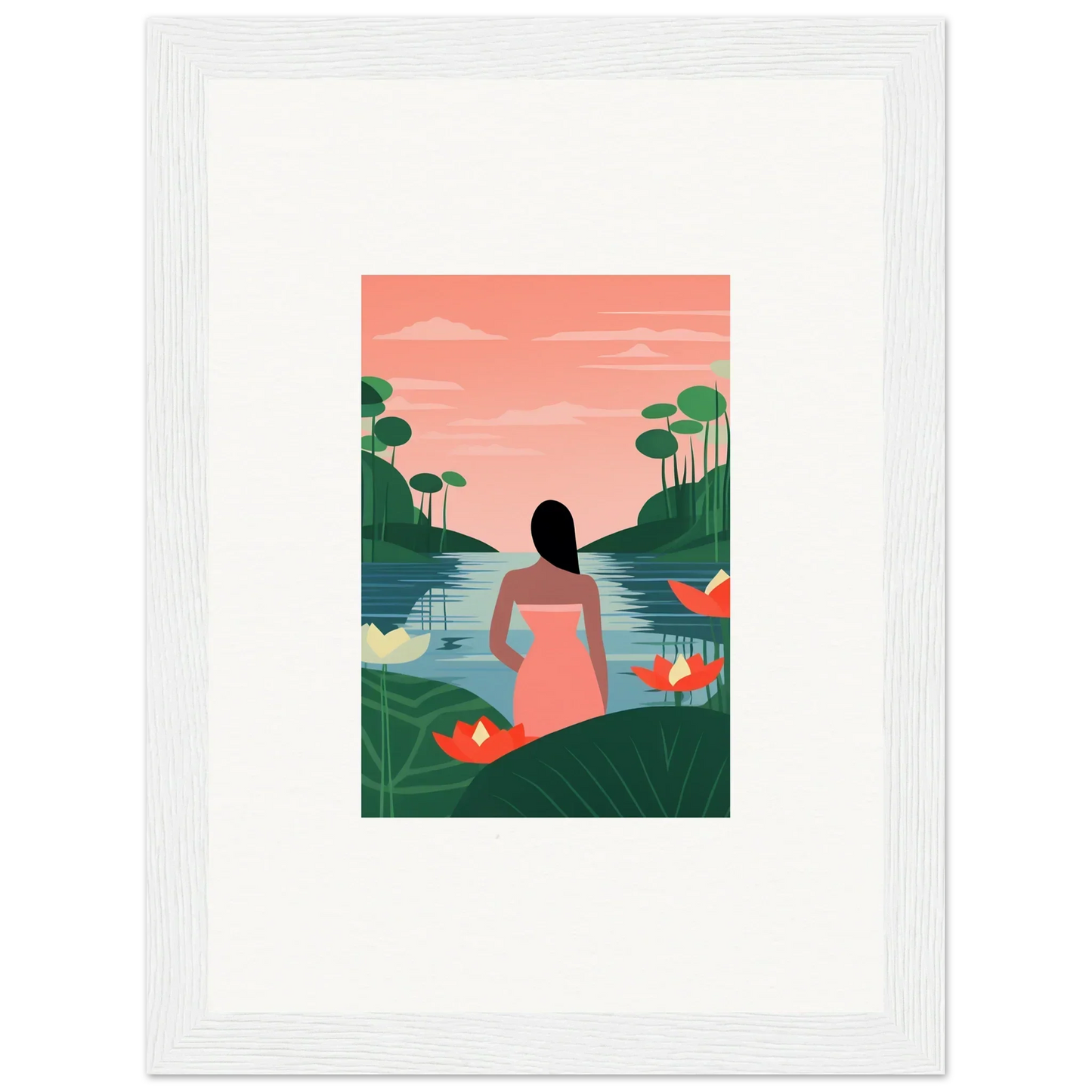 Framed illustration of a person in a pink dress by a lake for serene room decoration