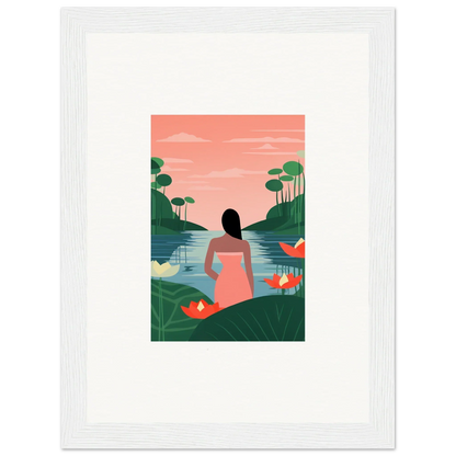 Framed illustration of a person in a pink dress by a lake for serene room decoration