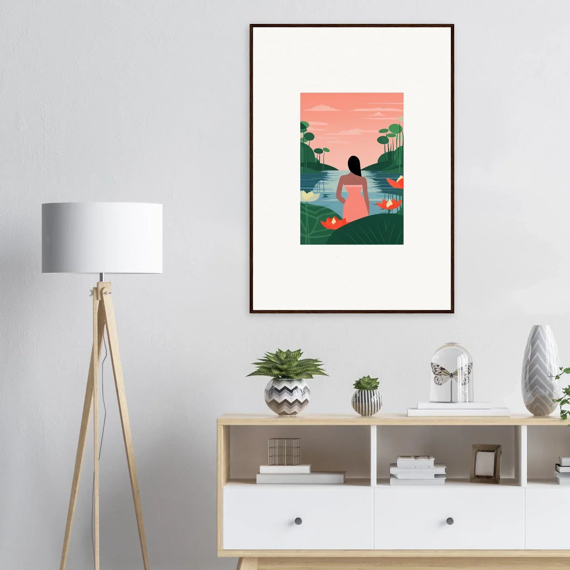 Framed Serein Tranquility Canvas print of a person enjoying a mountain sunset view