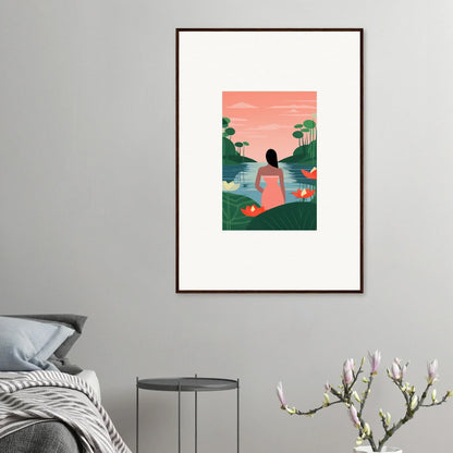 Framed tranquility canvas of a person by a sunset lake, perfect for room decoration