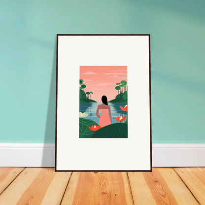 Framed Serein Tranquility Canvas with pink figure by a calm lake and flamingos for room decoration