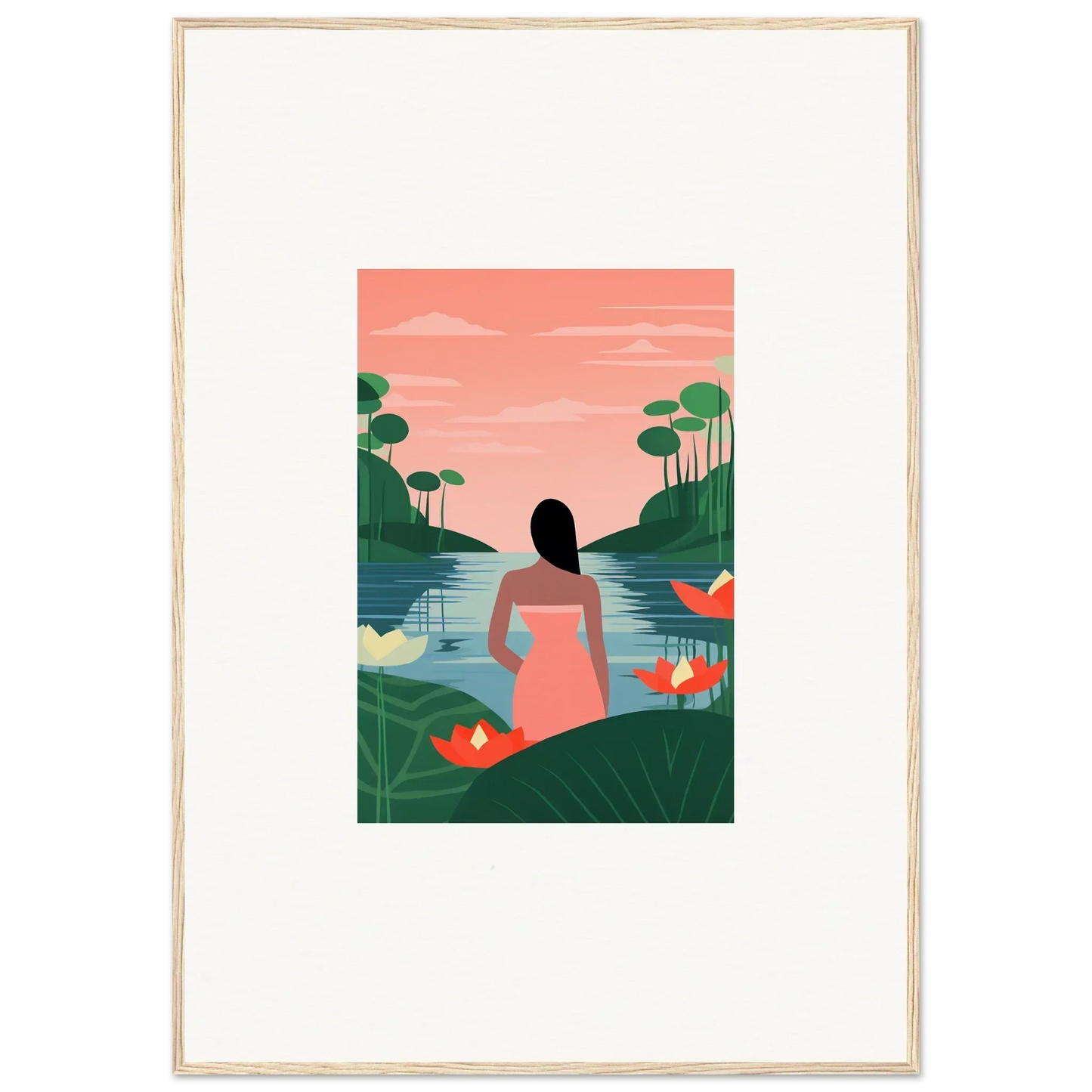 Person in a pink dress by a lake in this serene Tranquility Canvas print