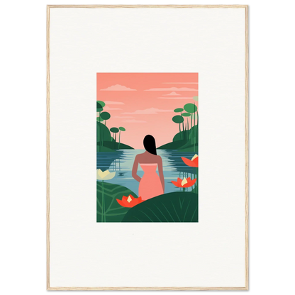 Person in a pink dress by a lake in this serene Tranquility Canvas print