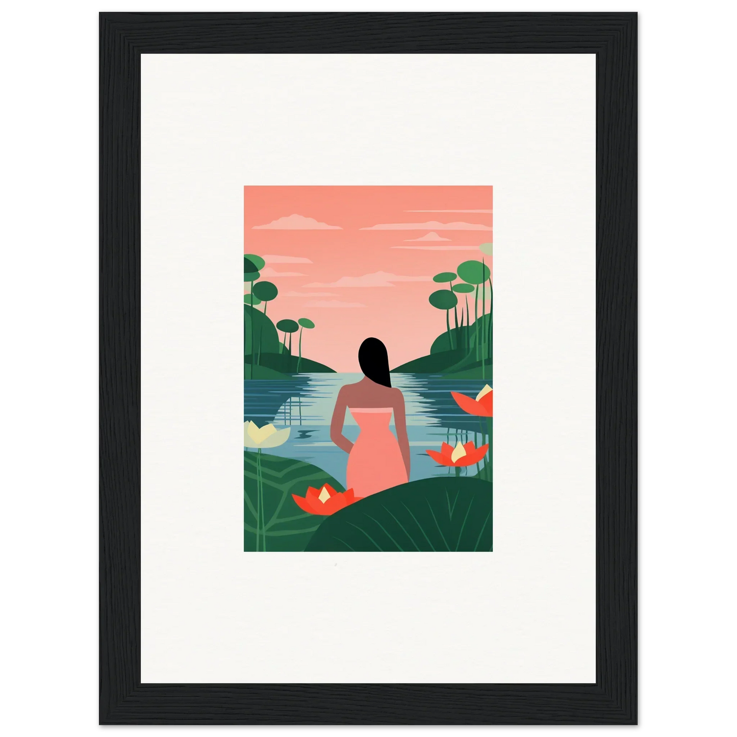 Framed illustration of a woman by a lake, perfect for tranquility canvas room decoration