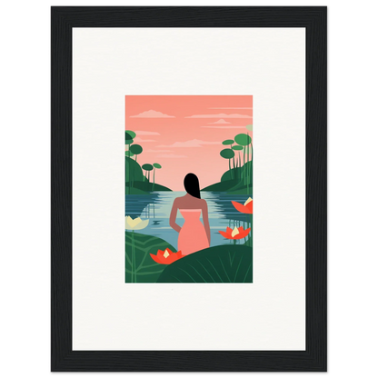 Framed illustration of a woman by a lake, perfect for tranquility canvas room decoration