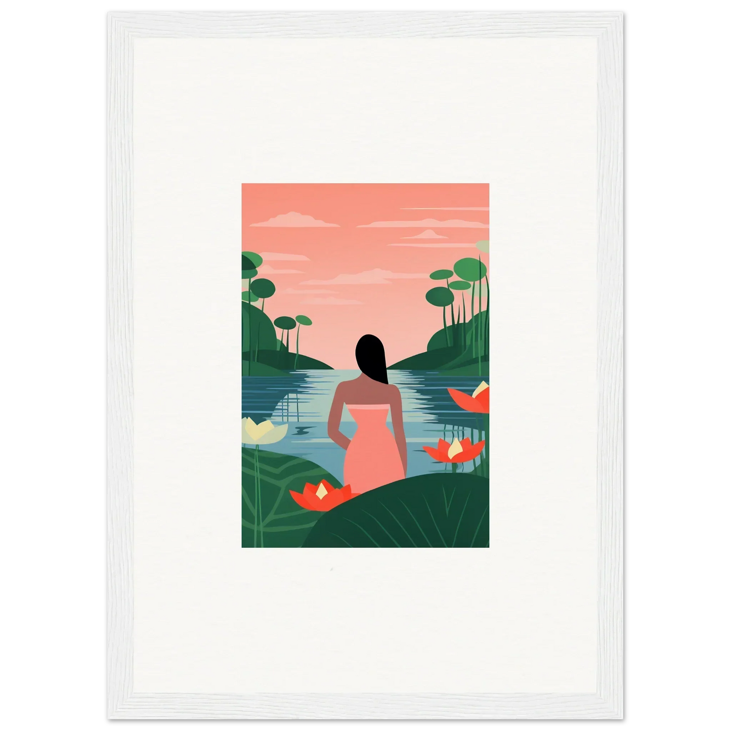 Framed Serein Tranquility Canvas of a woman in pink by a lake for room decoration