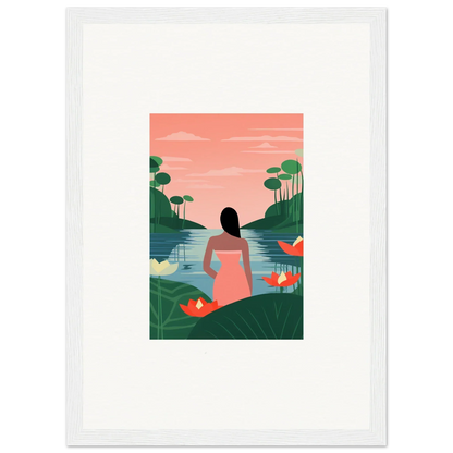 Framed Serein Tranquility Canvas of a woman in pink by a lake for room decoration