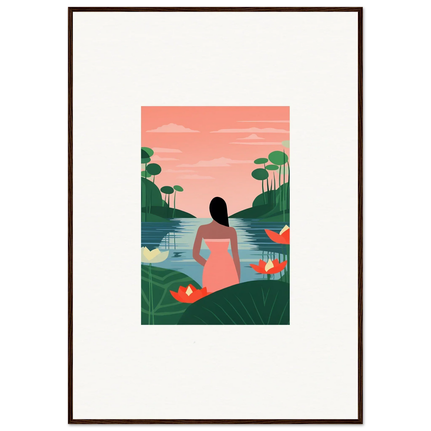 Framed Tranquility Canvas featuring a woman in a pink dress by a serene lake