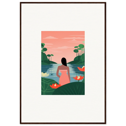 Framed Tranquility Canvas featuring a woman in a pink dress by a serene lake