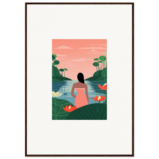 Framed Tranquility Canvas featuring a woman in a pink dress by a serene lake