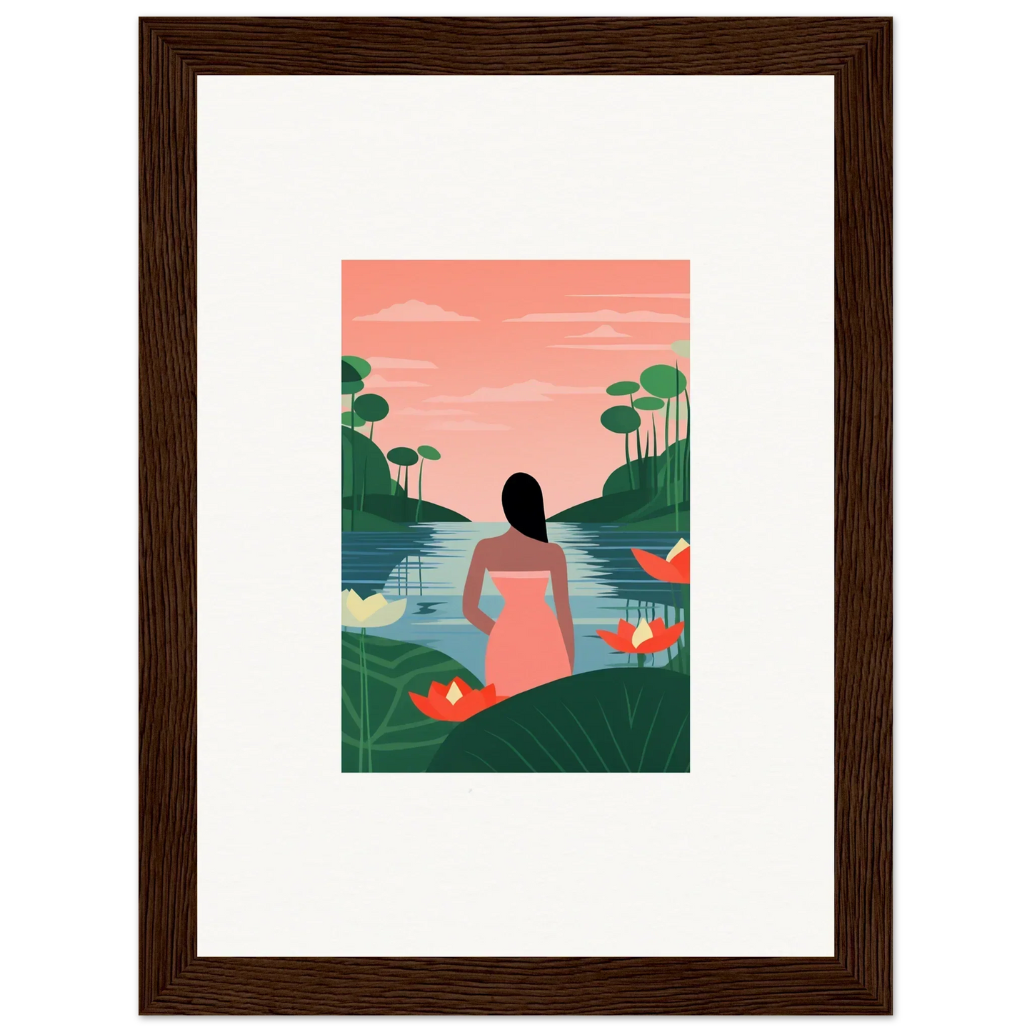 Framed tranquility canvas of a person by a lake at sunset, perfect for room decoration