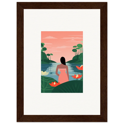 Framed tranquility canvas of a person by a lake at sunset, perfect for room decoration