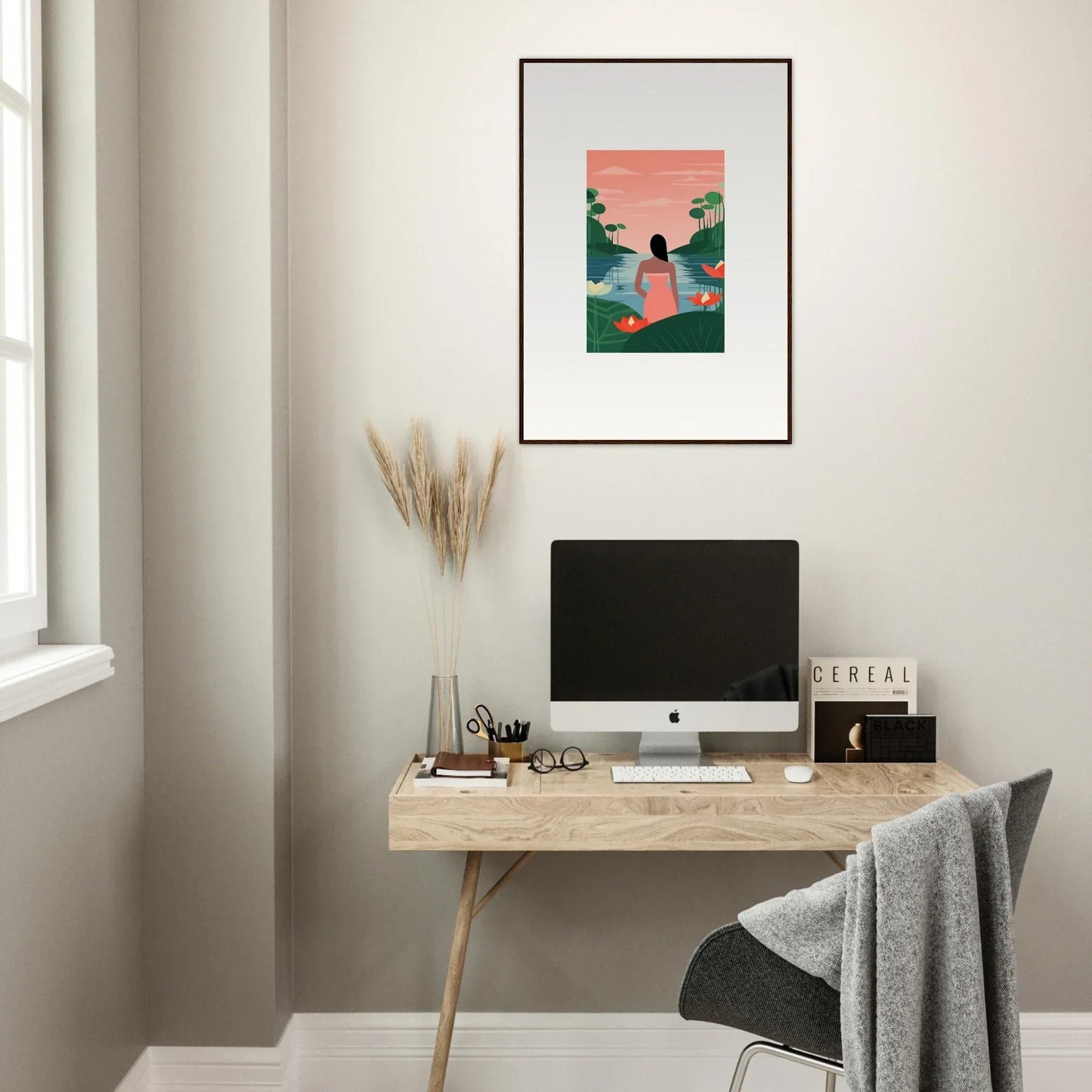 Framed artwork of a serene person by a lake, perfect for tranquility canvas room decoration