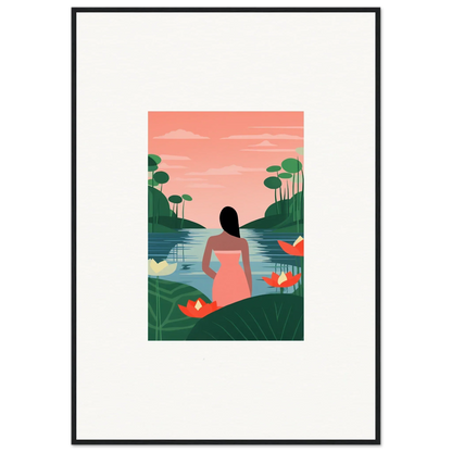 Framed tranquility canvas of a person in a pink dress by a serene waterway