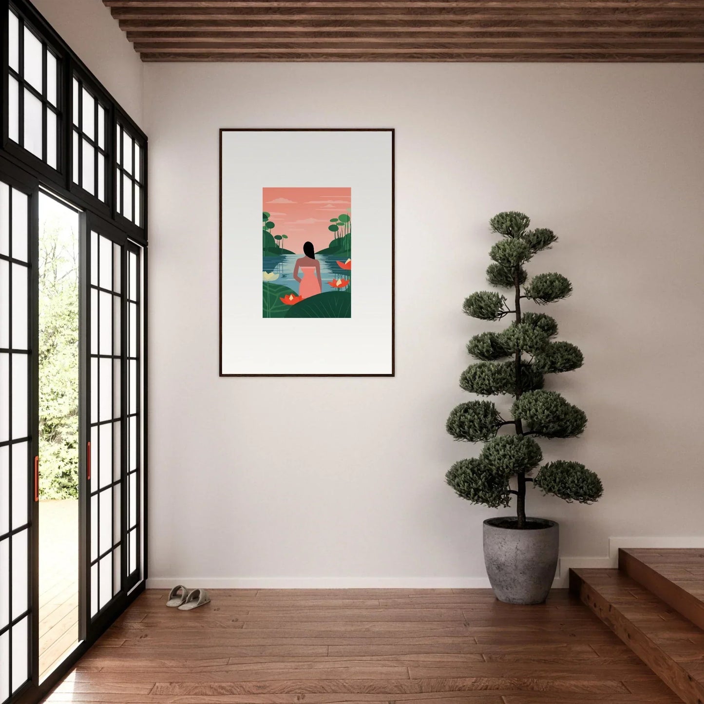 Stylized landscape artwork featuring a figure by water, perfect for tranquility canvas decor