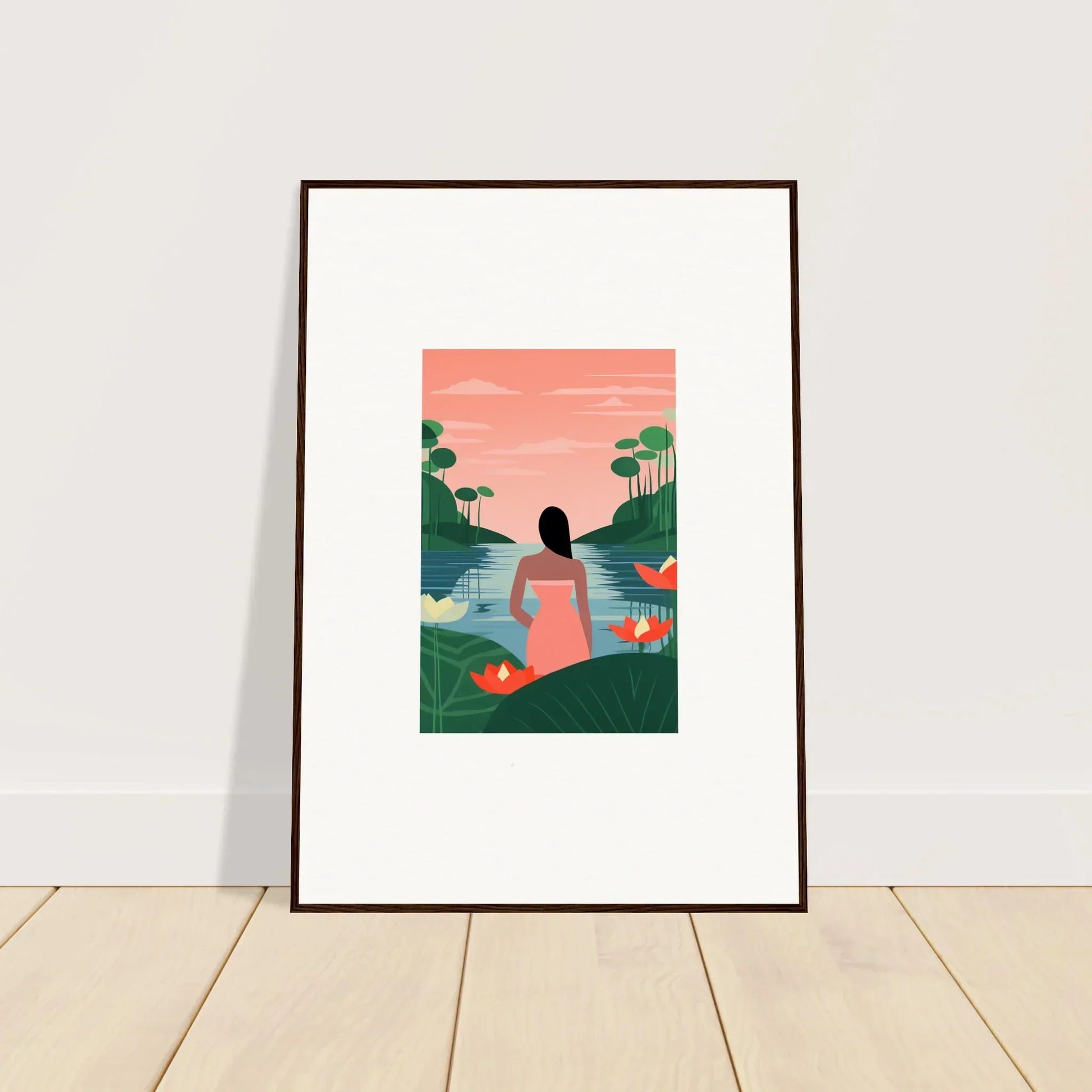 Framed Tranquility Canvas art of a silhouetted figure and flamingos for room decoration